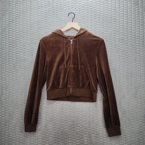 Brandy Melville John Galt Crop Chocolate Brown Velour Hoodie-Y2K-Small
